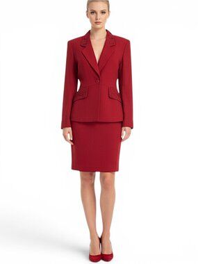 Zelda Vintage Deep Red Embroidered Raised Flower Bead Skirt Jacket Suit New 6